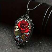 1pc New Attractive Oval Glass Pendant Necklace - Red Rose In Vintage Black Frame Valentines,Mom,Mother,Mother's Day,Gift