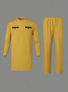 男士黄色 Dashiki 印花两件套，长袖圆领上衣，下摆开叉，配有抽绳腰裤，传统非洲休闲装，1 套，街头风格，派对，婚礼