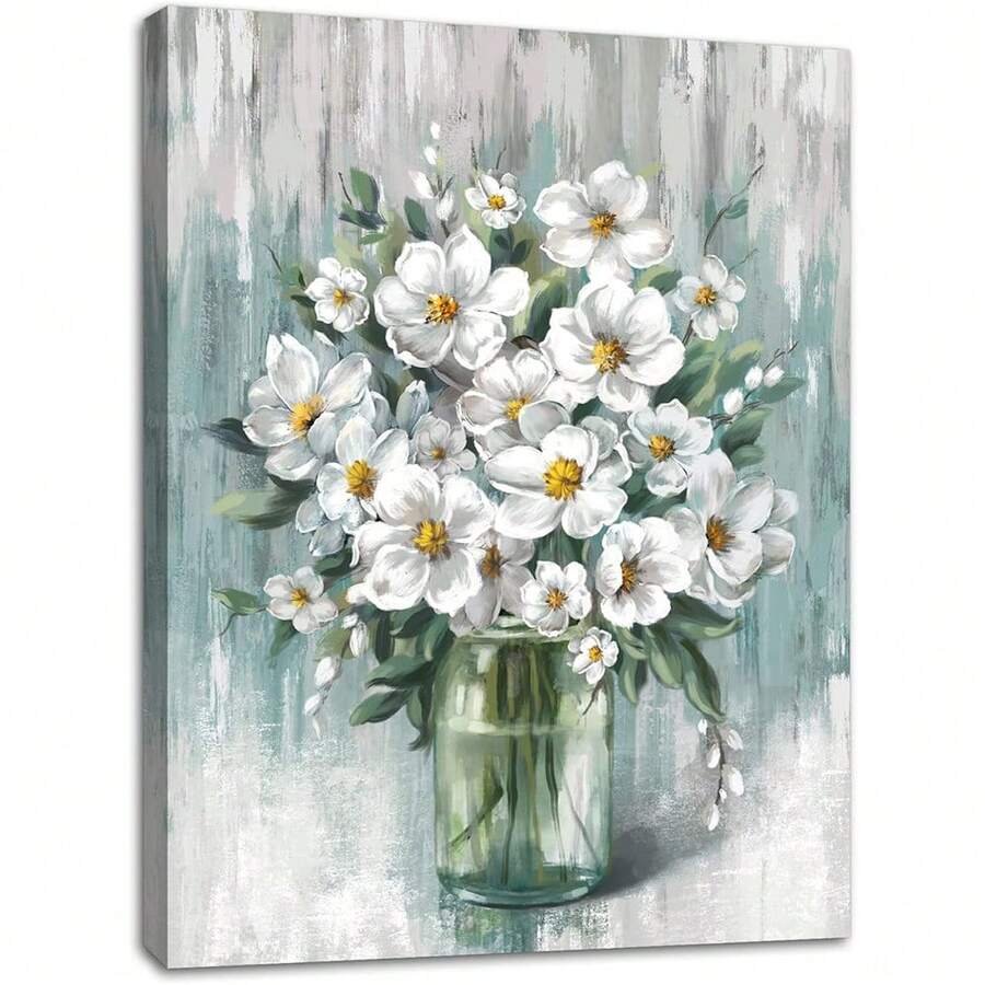 1pc Bathroom Wall Decor Bathroom Pictures For Wall Art Teal White Floral Wall Decoration For Bedroom Kitchen Living Room,Canvas Poster Art Print Picture Gift,Suitable For Bedroom, Dining Room, Living Room, Office,Home Decor, Framed Ready To Hang - Multicolor - View 1