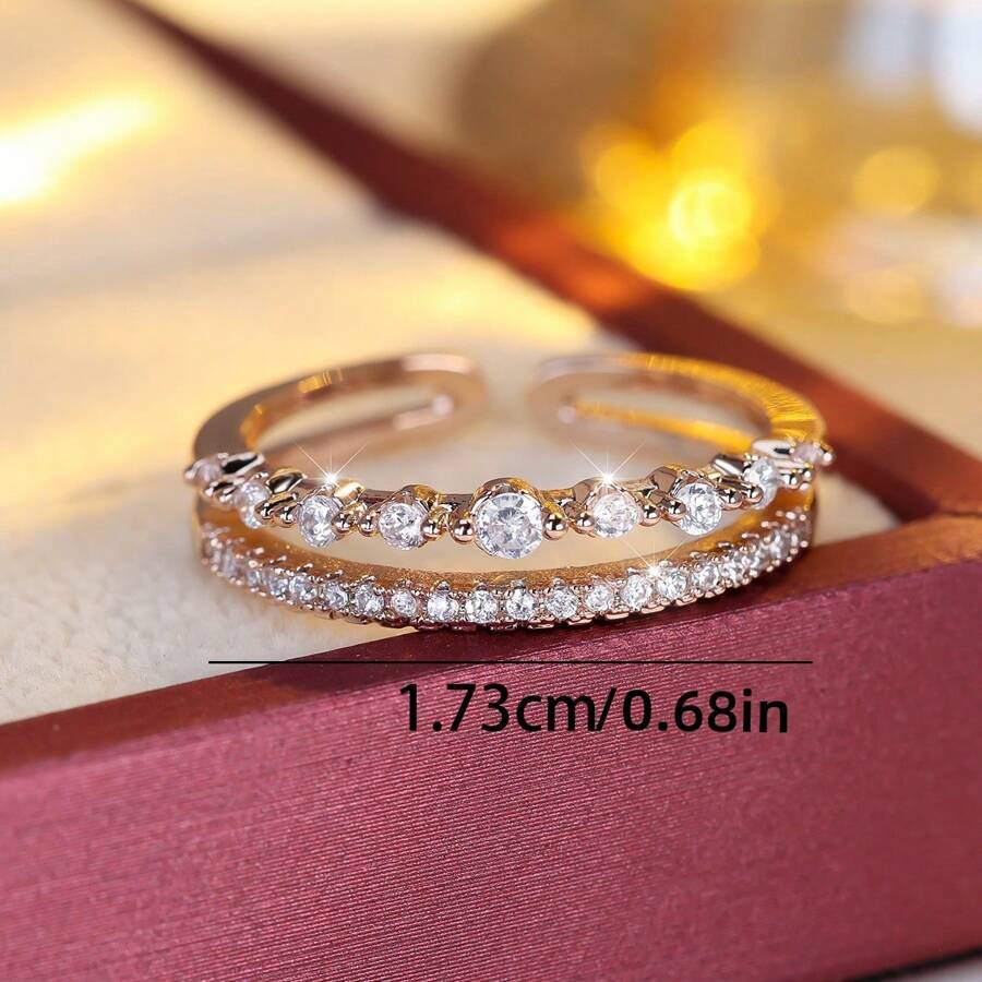 1pc Fashionable Versatile Double-Layer Zirconia Gold-Plated Ring, Women's Holiday Gift Jewelry - Gold - View 1