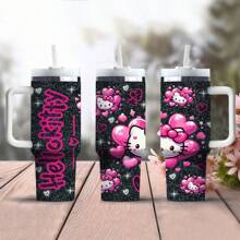 1pc 40oz Stainless Steel Water Bottle With Handle, Vacuum Insulated Travel Tumbler With Cute  Pattern, Includes Straw