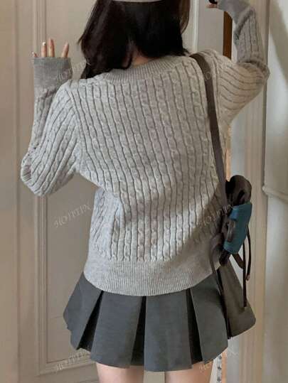 Korean Style Elegant Textured Crew Neck Sweater Women, Long Sleeve Embroidered Pullover