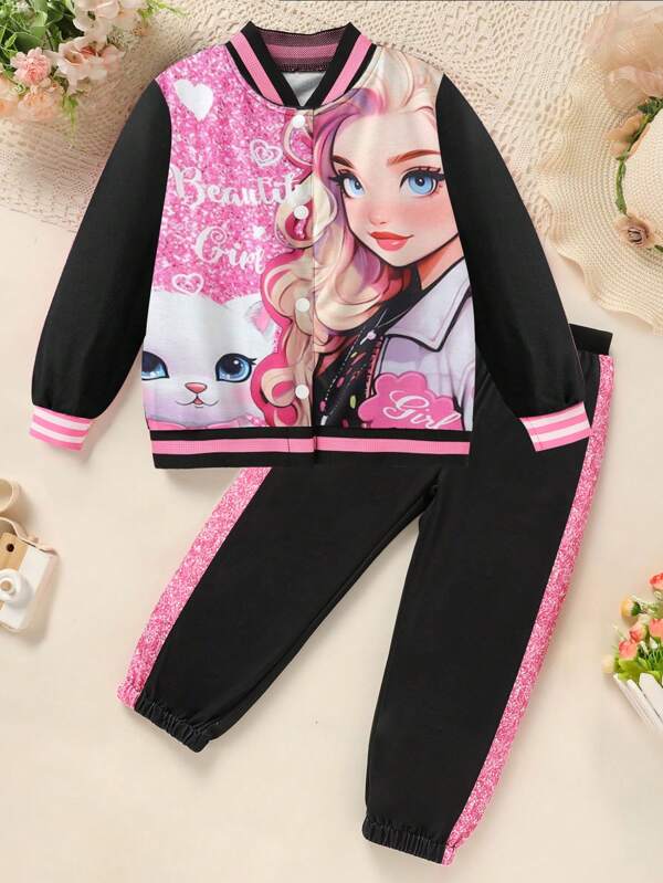 2pcs Girls Casual Outfit Set, Cat Print Jacket And Pants Baseball Uniform