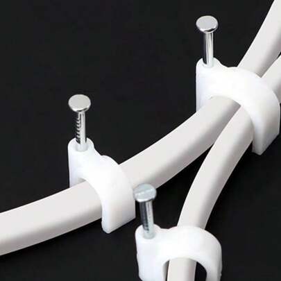 10/50/100/200pcs Round Shape Steel Nails Cable Clips, Network Cable Tacks, Wire Fixed Nails, Plastic Cable Clips, U-Shape Pipe Clips, Cement Wall Staples