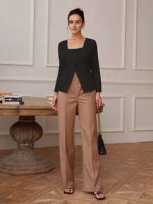 女士优雅办公风格纯色腰部收紧方领西装外套 - 黑色 - 查看 3