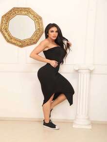 Women's Strapless Midi Dress With Side Slit, Short Ribbed Opening With Padding - 黑色 - 查看 2