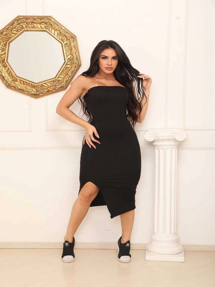 Women's Strapless Midi Dress With Side Slit, Short Ribbed Opening With Padding - 黑色 - 查看 1