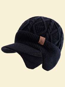 JZML 1pc Men's Deer Embellished Thermal Lined Knit Beanie Hat With Brim