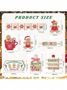 13pcs Gingerbread Men Christmas Wood Decorative Set With Display Tray (0.2 Inch Thickness), Including Gingerbread Man, Snowman, Santa Claus, Rolling Pin, Suitable For Holiday Party, Kitchen Tabletop Decoration (Tray Not Included),Christmas - Color Mixing - View 2