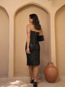 Faux Leather Strapless Midi Dress With Elegant Slit And Sophisticated Back Zipper - màu đen - Xem 5