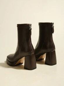 2024 Fall/Winter Women's High Heel Simple Versatile 8cm Platform Waterproof Vintage Style Brown Short Boots, Square Toe, Back Zipper, Rubber Outsole, PU