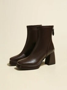 2024 Fall/Winter Women's High Heel Simple Versatile 8cm Platform Waterproof Vintage Style Brown Short Boots, Square Toe, Back Zipper, Rubber Outsole, PU