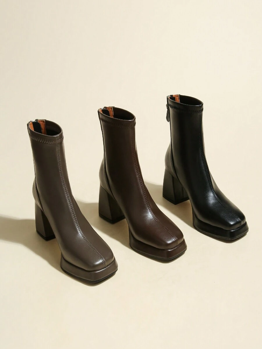 2024 Fall/Winter Women's High Heel Simple Versatile 8cm Platform Waterproof Vintage Style Brown Short Boots, Square Toe, Back Zipper, Rubber Outsole, PU