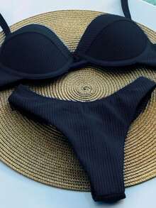 Retro Half Cup Bikini Underwire Double Thong Panty Semi-Thread Ana Ruga With Padded Beachwear Set Summer - 黑色 - 查看 6