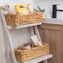 2PCS - Wicker Toilet Basket Tank Topper, Toilet Paper Basket For Back Of Toilet Tank Top, 3-Section Water Hyacinth Storage Baskets, 2 Packs