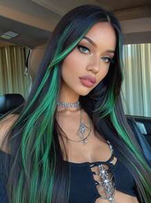 Tóc giả thẳng dài nhuộm ombre highlight màu xanh lá cây cho nữ, tóc giả tổng hợp mật độ cao chịu nhiệt màu đen nhiều màu, dùng để hóa trang hàng ngày trong tiệc tùng, dài 26 inch (Chú ý đến cách bạn đội và chăm sóc tóc, do ánh sáng và góc chụp, sản phẩm thực tế có thể có một chút khác biệt về màu sắc so với hình ảnh.) - Nhiều màu - Xem 1