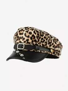 1pc Couple Style Year-Round Unique Design Punk Fashion Leopard Print Pattern Naval Beret Hat With Metal Studs, Leather Buckle, Spider Decoration, Vintage Distressed PU Leather Newsboy Cap