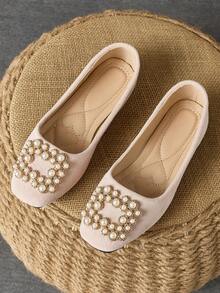 女士平底方头珍珠装饰一脚蹬乐福鞋，夏季 - 淺粉色 - 查看 1