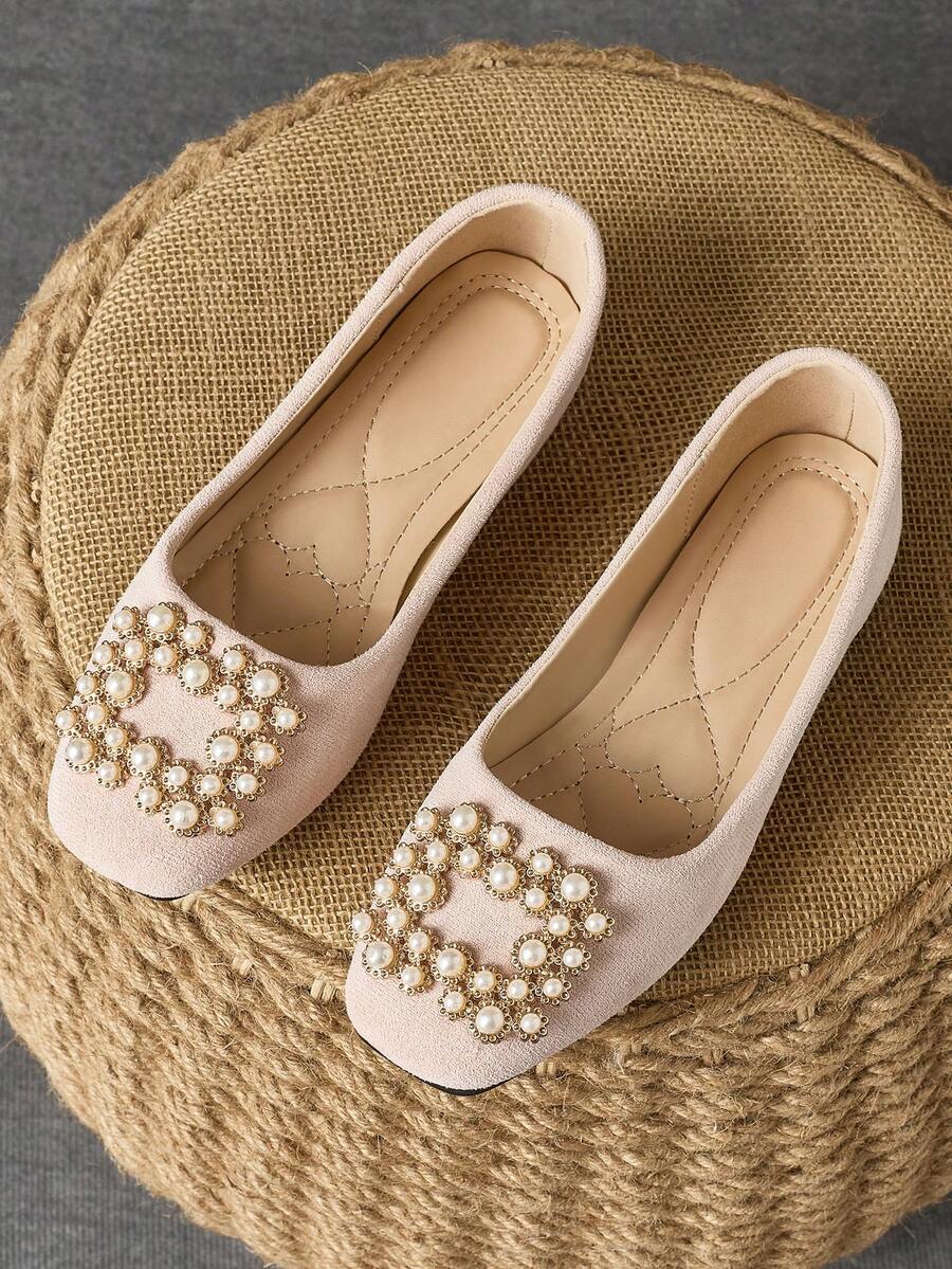 女士平底方头珍珠装饰一脚蹬乐福鞋，夏季 - 淺粉色 - 查看 1