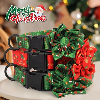 Christmas Floral Print Nylon Dog Collar, Cute Pet Collar With Plastic Buckle, Suitable For Medium And Small Dogs