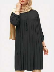 女士时尚纯色褶皱圆领素净长袖衬衫