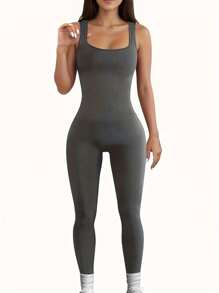 Jumpsuit For Women Workout Seamless Jumpsuits Yoga Ribbed One Piece Tank Tops Rompers Sleeveless Exercise Jumpsuits,Local Delivery - màu xám đậm - Xem 1