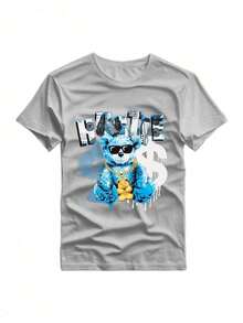 HUSTLE Summer Casual Printed Short Sleeve T-Shirt For Men, Sports And Casual Style, Fashionable Round Neck T-Shirt, Suitable For Daily Wear - 灰色 - 查看 1