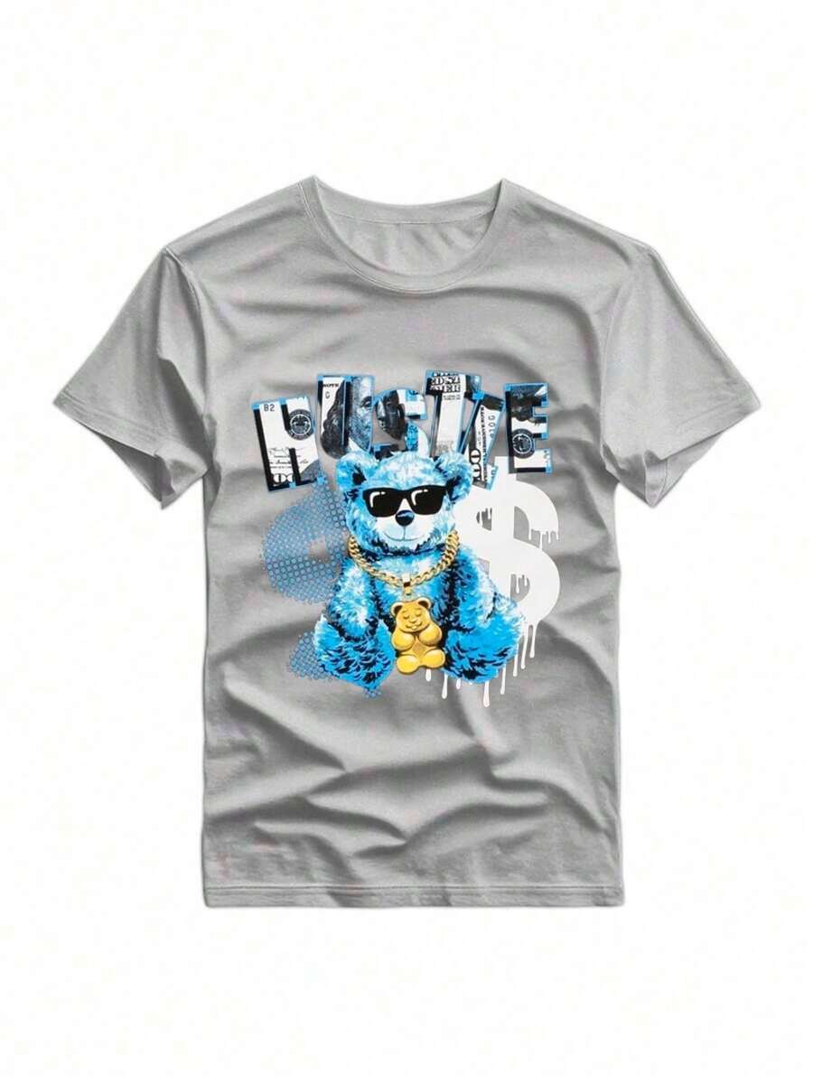 HUSTLE Summer Casual Printed Short Sleeve T-Shirt For Men, Sports And Casual Style, Fashionable Round Neck T-Shirt, Suitable For Daily Wear - 灰色 - 查看 1