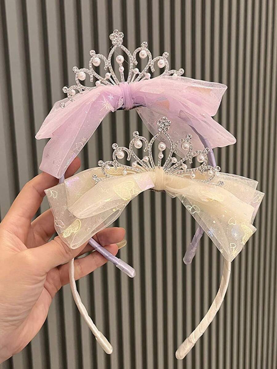 1 件儿童皇冠头饰公主皇冠头饰女童无名头饰时尚甜美网状蝴蝶结可爱女孩发夹头饰