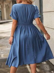 Vestido casual de talla grande con cuello hueco, mangas de murciélago - Azul - Ver 4