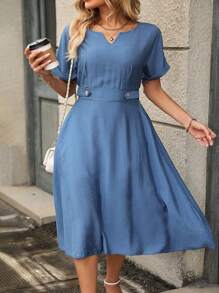 Vestido casual de talla grande con cuello hueco, mangas de murciélago - Azul - Ver 2
