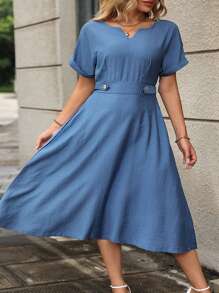 Vestido casual de talla grande con cuello hueco, mangas de murciélago - Azul - Ver 3