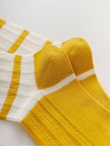 5 双女士黄白条纹中筒袜，柔软舒适，适合春夏秋季日常穿着 - 彩色 - 查看 6