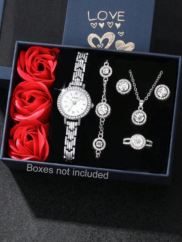 مجموعة ساعة نسائية من سبيكة الزنك مع سوار مرصع بالراين ستون، قرص دائري بعقارب الكوارتز وقلادة وأقراط وخواتم وأساور مجوهرات، مثالية للارتداء اليومي، هدايا أعياد الميلاد، الحفلات، التجمعات العائلية، وكهدية مثالية لنفسك أو لأصدقائك. لا تشمل الصناديق