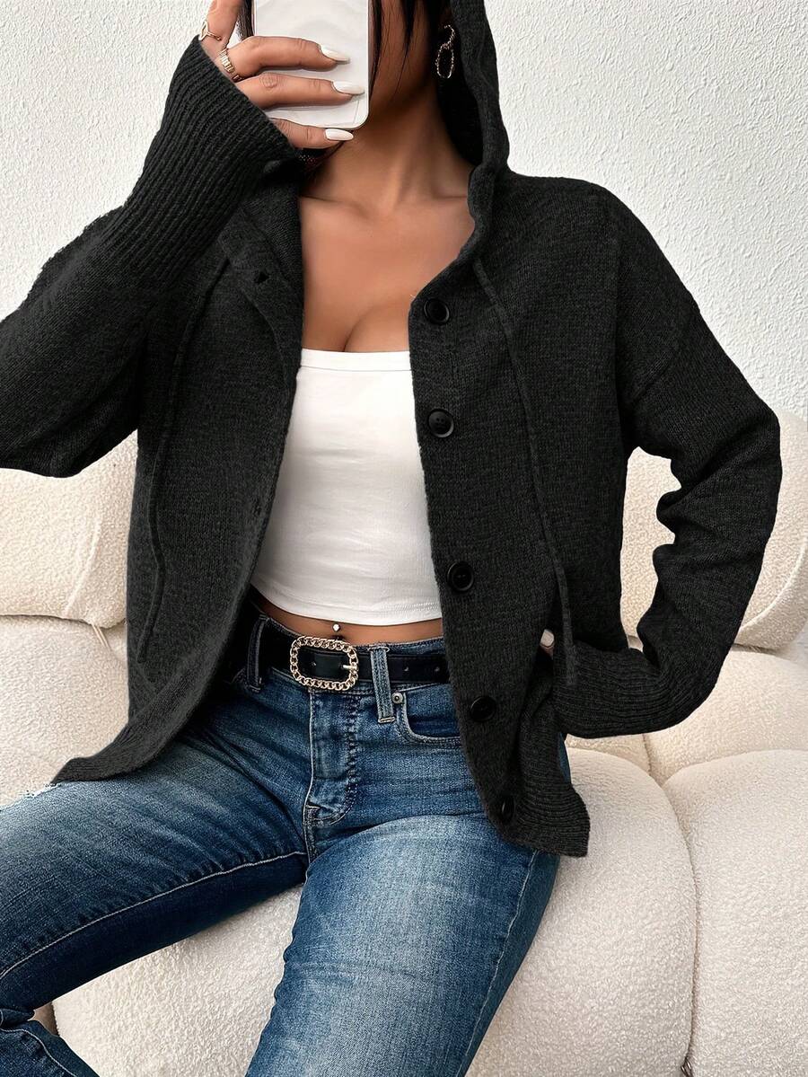 Women's Solid Color Button Drawstring Long Sleeve Lightweight Single-Breasted Cardigan Sweater, Suitable For Office Wear In Autumn Casual Black