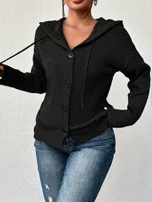 Women's Solid Color Button Drawstring Long Sleeve Lightweight Single-Breasted Cardigan Sweater, Suitable For Office Wear In Autumn Casual Black - Black - View 4