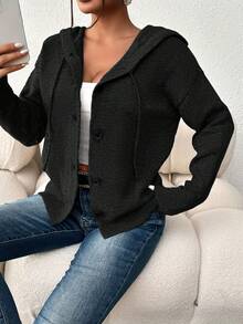 Women's Solid Color Button Drawstring Long Sleeve Lightweight Single-Breasted Cardigan Sweater, Suitable For Office Wear In Autumn Casual Black - Black - View 7