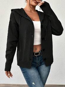 Women's Solid Color Button Drawstring Long Sleeve Lightweight Single-Breasted Cardigan Sweater, Suitable For Office Wear In Autumn Casual Black - Black - View 5
