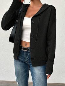 Women's Solid Color Button Drawstring Long Sleeve Lightweight Single-Breasted Cardigan Sweater, Suitable For Office Wear In Autumn Casual Black - Black - View 3