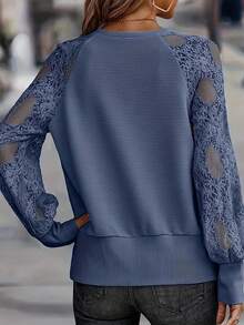 Große Größen Lässig Top mit V-Ausschnitt und Spitzeneinsatz, Langarm