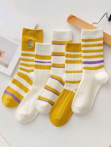 5 双女士黄白条纹中筒袜，柔软舒适，适合春夏秋季日常穿着 - 彩色 - 查看 7