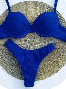 Biquini Meia Taça Retro Aro Calcinha Fio Duplo Semi Fio Ana Ruga Com Bojo Conjunto Moda Praia Verão - Azul Royal - Visão 3