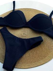 Retro Half Cup Bikini Underwire Double Thong Panty Semi-Thread Ana Ruga With Padded Beachwear Set Summer - 黑色 - 查看 4