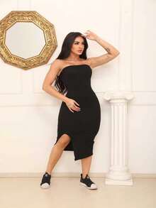 Women's Strapless Midi Dress With Side Slit, Short Ribbed Opening With Padding - 黑色 - 查看 4