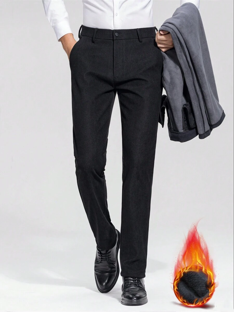 Pantaloni casual da uomo con costine, con fodera termica, adatti per l autunno/inverno - nero - Visualizzare 1