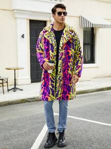 Men's Fluffy Leopard Print Collared Long Coat - Mustard Yellow - View 7