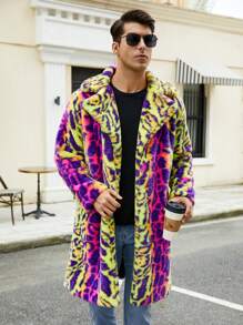 Men's Fluffy Leopard Print Collared Long Coat - Mustard Yellow - View 3