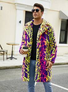Men's Fluffy Leopard Print Collared Long Coat - Mustard Yellow - View 4