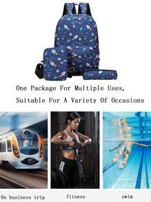 3 cái/bộ Hoạt hình Học sinh Ba lô , Túi đeo chéo Và Hộp bút Với Ngẫu nhiên Sự xếp chổ - Màu xanh hải quân - Xem 2