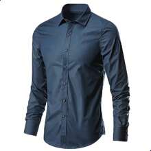 Camisa Lisa De Manga Larga Con Color Brillante Para Hombre - Azul Marino - Ver 1